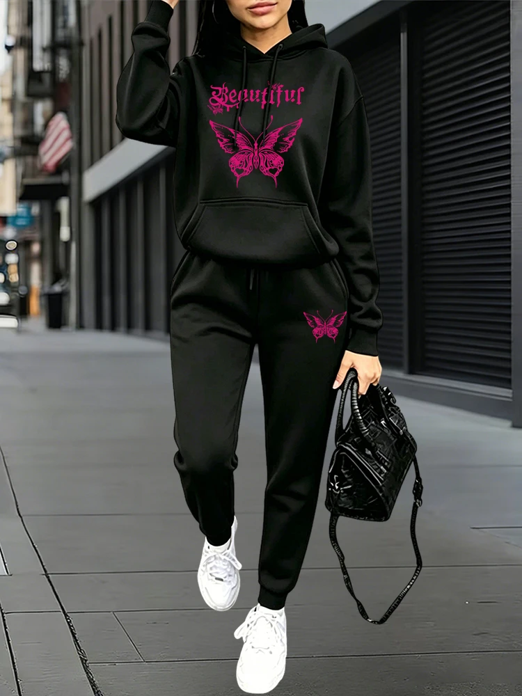 Women'S Fashion Hoodies - ชุดลำลองสำหรับฤดูใบไม้ร่วงและฤดูหนาว ชุดกีฬาแบบจ็อกเกอร์ เสื้อฮู้ด + กางเกงสเวตแพนท์ ชุดใส่สบายสำหรับอยู่บ้านและนอกบ้าน
