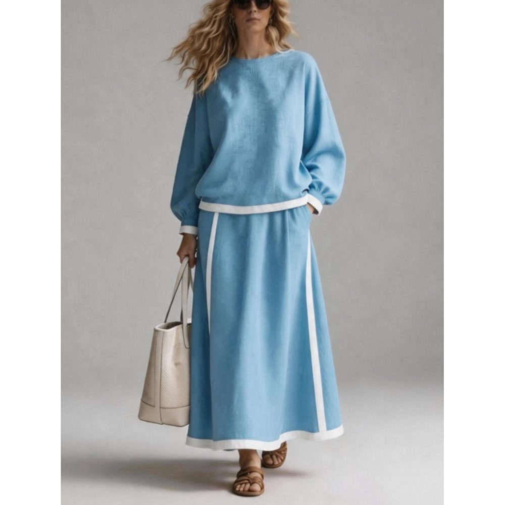 Women'S Fashion Sweatshirts - ชุดเซ็ต 2 ชิ้น เสื้อสเวตเชิ้ตแขนยาวคอโอ แต่งผ้าแบบแพทช์เวิร์ค สไตล์ลำลองแฟชั่น