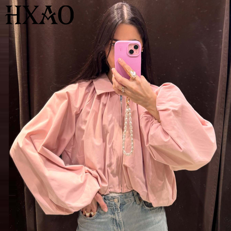 Women'S Fashion Quarter Zip - เสื้อแจ็คเก็ตครอปสีชมพูทรงหลวมสำหรับผู้หญิง HXAO รุ่นสปริง 2026 แขนทรงโคมไฟ ซิปหน้า