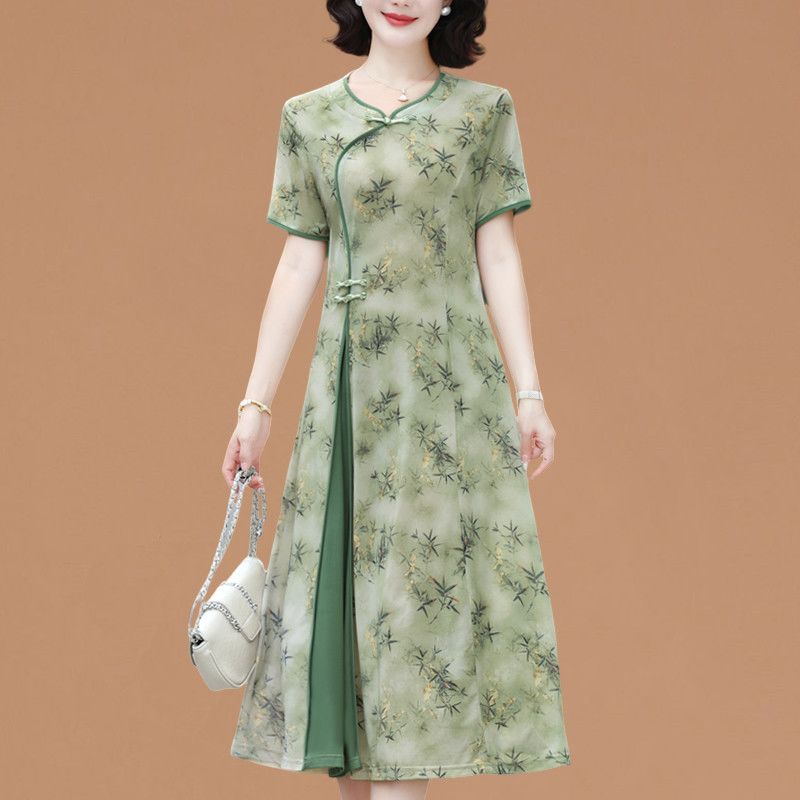 Women Fashion Over 60 - ชุดเดรสแขนสั้นสุดหรูสำหรับผู้หญิงวัยกลางคนและผู้สูงอายุ แฟชั่นฤดูร้อน ช่วยให้ดูผอมเพรียว ชุดคลุมท้อง ระบายอากาศได้ดี