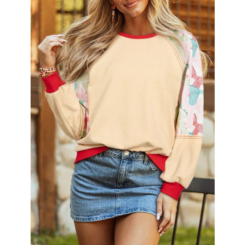 Women'S Fashion Sweatshirts - พลัสขนาด 1XL-5XL ผู้หญิงแฟชั่นคอกลมพิมพ์เย็บปะติดปะต่อกันลําลองเสื้อแขนยาว