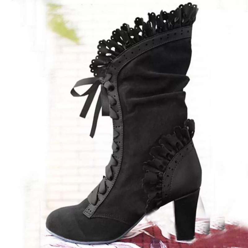 Women'S Fashion Victorian - ฤดูหนาวLace Upสุภาพสตรีรองเท้าส้นสูงรองเท้ารถจักรยานยนต์Boot Victorianรองเท้าแฟชั่นผู้หญิงPointed ToeหนาSoledรองเท้าสั้น 2024