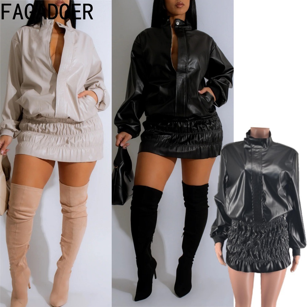 Women'S Fashion Quarter Zip - FAGADOER Punk หนัง 2 ชิ้นชุดชุดสตรีแขนยาวซิปเสื้อ +