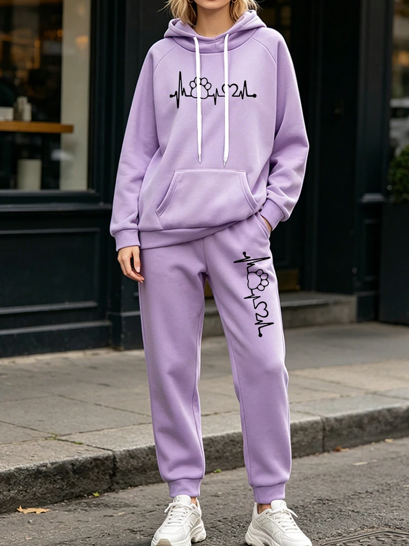 Women'S Fashion Sweatshirts - ชุดเซ็ทลำลองแฟชั่นผู้หญิง 2 ชิ้น เสื้อฮู้ดและกางเกงขายาว สำหรับฤดูใบไม้ร่วงและฤดูหนาว เหมาะสำหรับกิจกรรมกลางแจ้ง