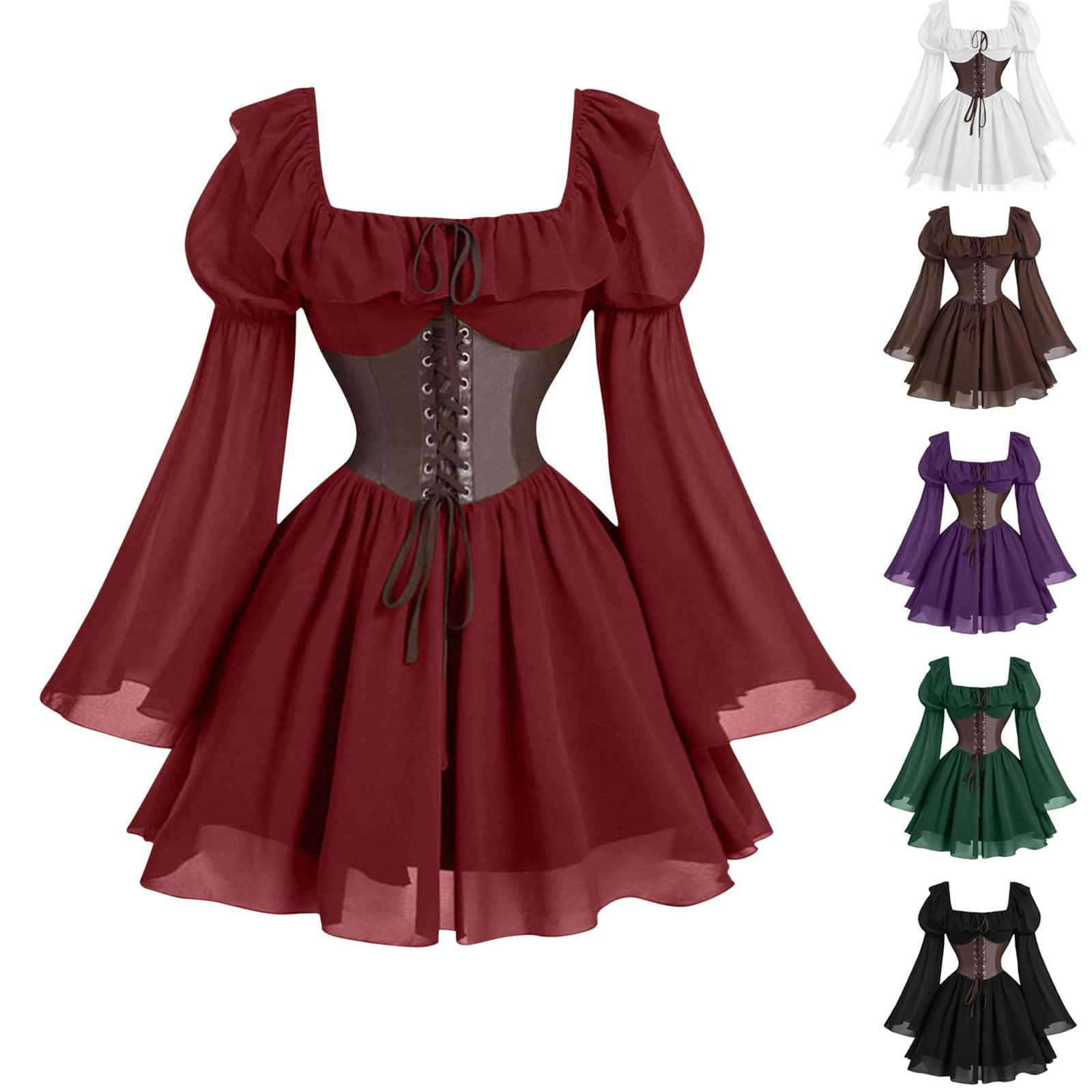 Women'S Fashion Victorian - ชุดเดรสแขนยาวสไตล์เรอเนซองส์ยุคกลางสำหรับผู้หญิง แขนพอง เหมาะสำหรับงานฮาโลวีน งานคาร์นิวัล งานปาร์ตี้ ทรงเข้ารูป