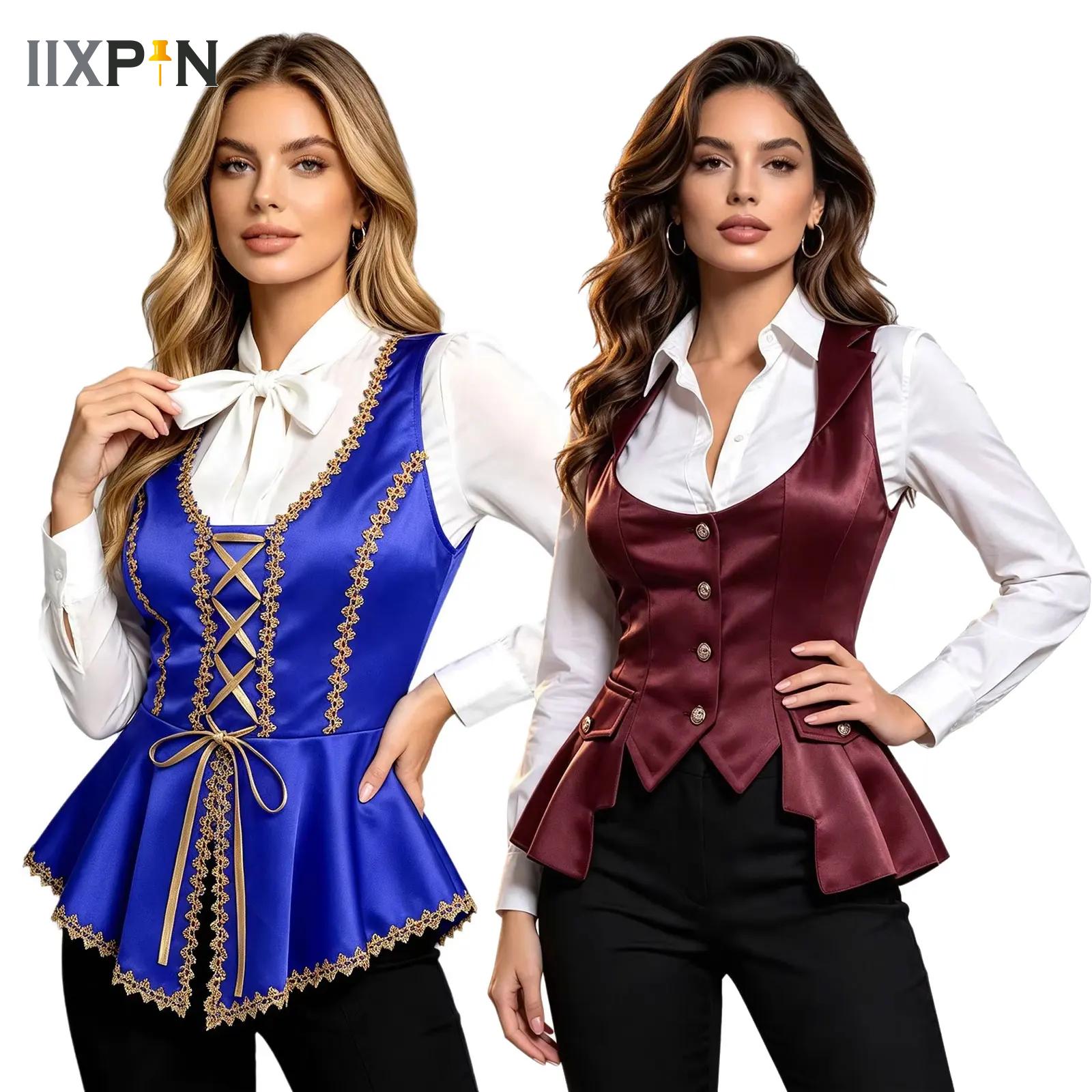 Women'S Fashion Victorian - เสื้อกั๊กผ้าซาตินสไตล์วิคตอเรียนสำหรับผู้หญิง เสื้อกั๊กสตีมพังค์เรเนซองส์ เสื้อแจ็คเก็ตไม่มีแขน ชุดทักซิโด้ ชุดคอสเพลย์แวมไพร์แม่มด ชุดกอธิค