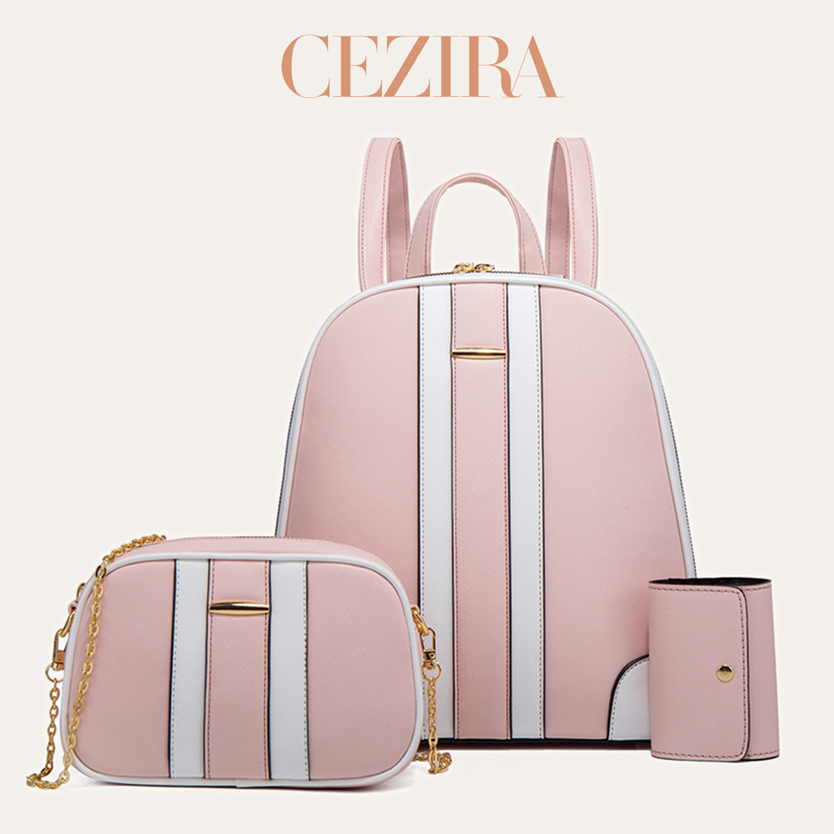 Women'S Fashion Backpack - ชุดกระเป๋าเป้สะพายหลังลายทาง CR Fashion สำหรับผู้หญิง ทำจากหนังวีแกน PU