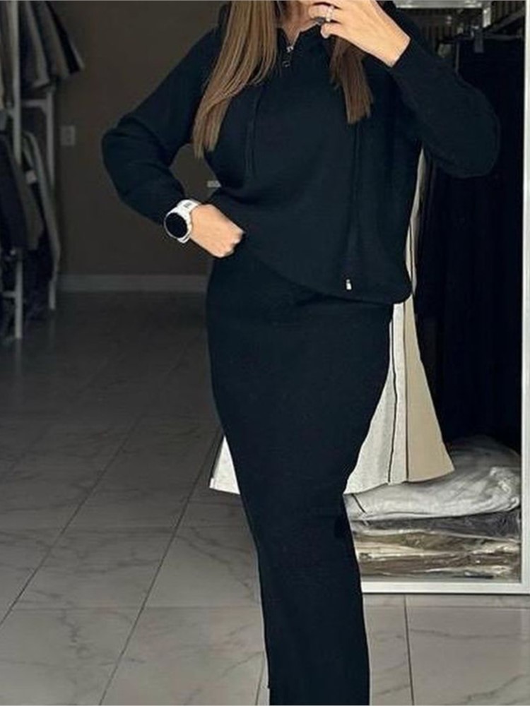 Women'S Fashion Sweatshirts - ชุดกระโปรงลำลองแฟชั่นผู้หญิง ฤดูใบไม้ร่วงและฤดูหนาว เสื้อฮู้ดแขนยาวสีพื้นเรียบง่าย กระโปรงทรงเข้ารูป ชุดสองชิ้น