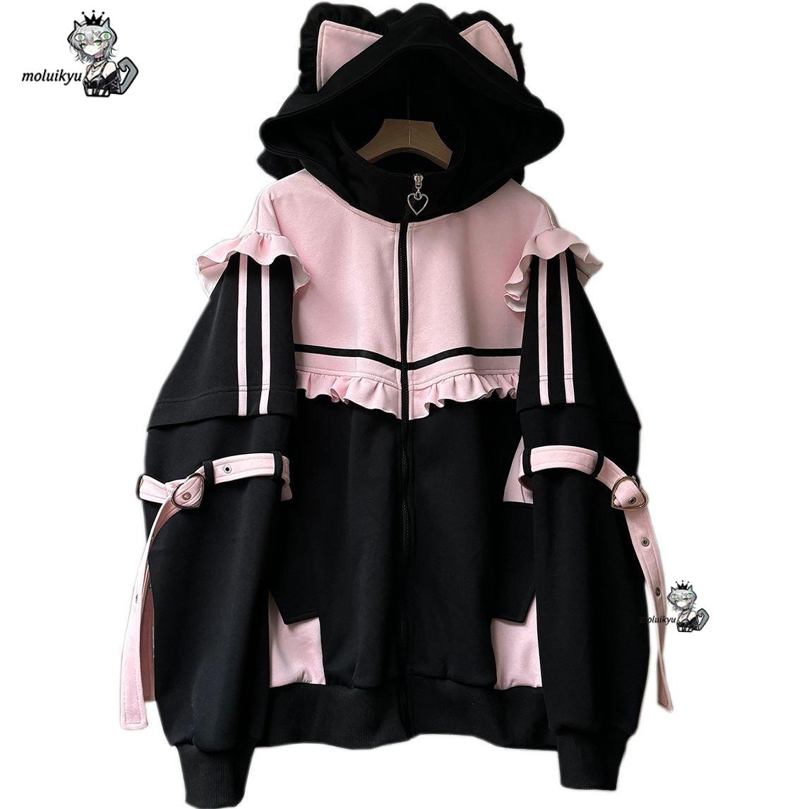 Women'S Fashion Sweatshirts - เสื้อฮู้ดดี้หูแมวสไตล์ Y2K สีชมพู-ดำ สำหรับผู้หญิง แบบซิป มีระบายหวานๆ