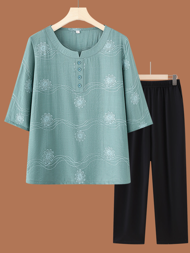 Women Fashion Over 60 - ชุดเสื้อและกางเกงผ้าฝ้ายลินินแขนสั้นคอกลมแฟชั่นสำหรับผู้สูงอายุ ชุดฤดูร้อนน้ำหนักเบาระบายอากาศได้ดี