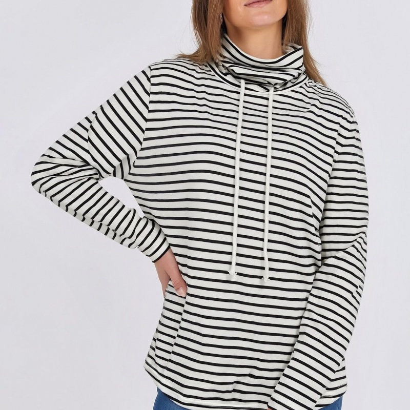 Women'S Fashion Sweatshirts - เสื้อสเวตเชิ้ตแฟชั่นลำลองสำหรับผู้หญิงไซส์ใหญ่ ลายทางขาวดำ คอสูง มีเชือกผูก แขนยาว ทรงหลวม
